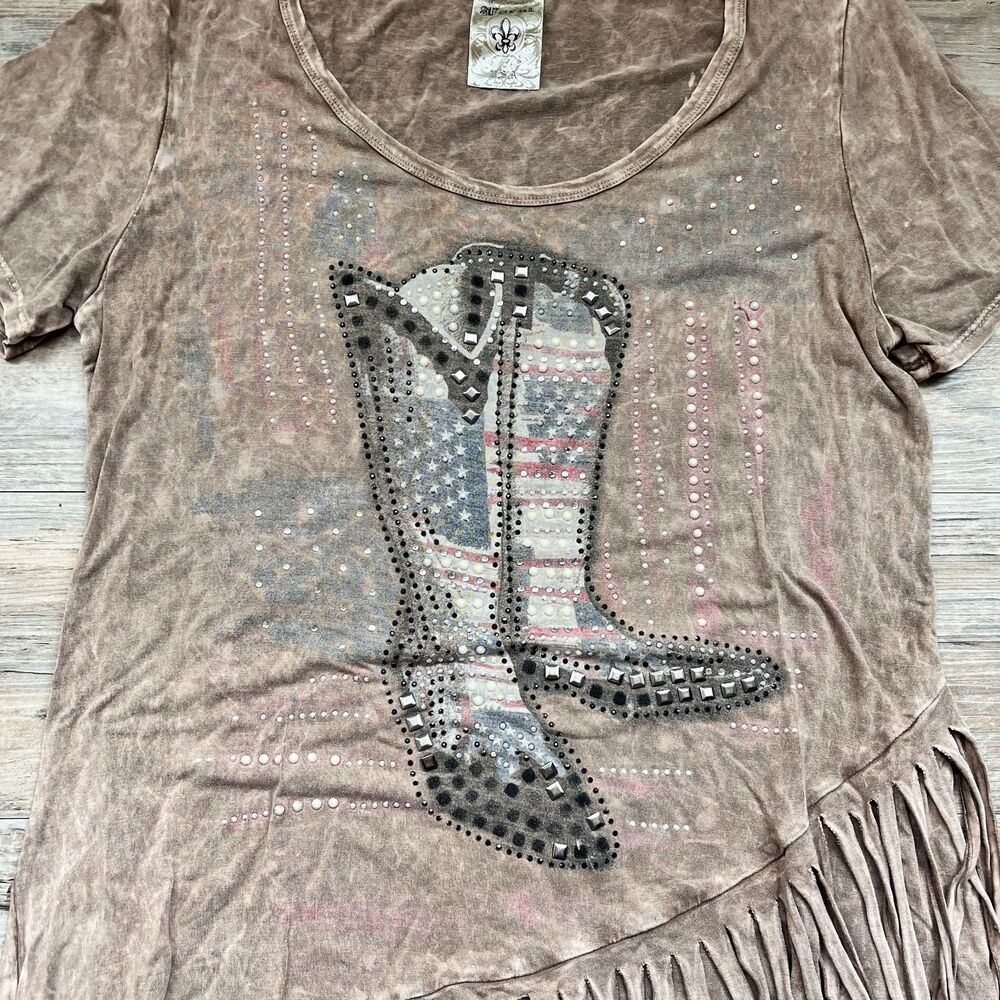 Vocal USA Cowboy Fringe Gem Top Western Rhinestone Boot Graphic Affliction M L - Picture 5 of 10